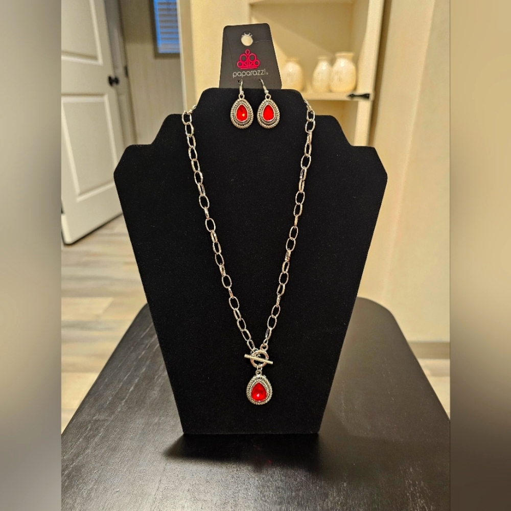 Paparazzi Red and Silver Necklace and Earring Set